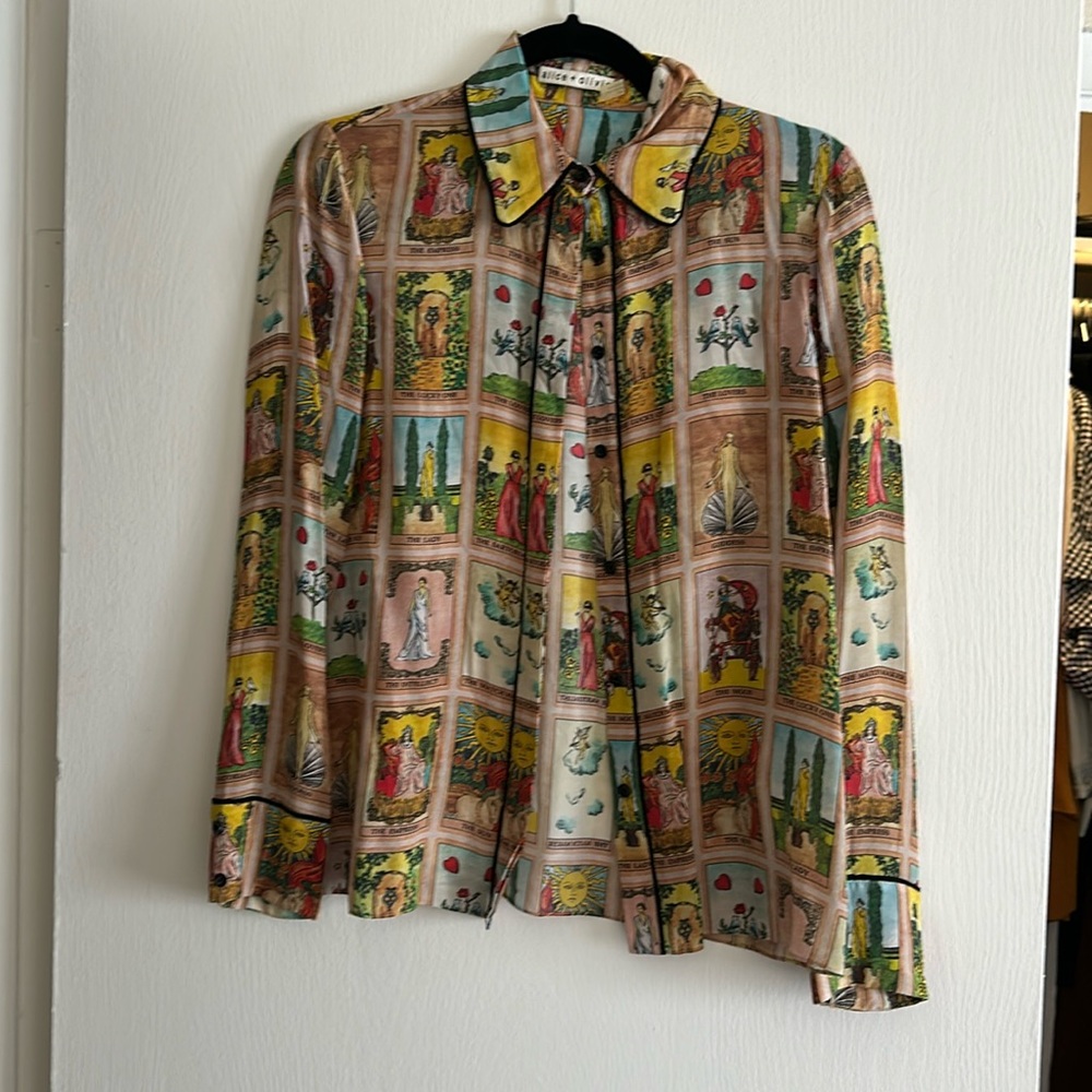 Alice + Olivia Tarot Card Alfie Silk Blouse Collared Top Mystical Print Shirt S